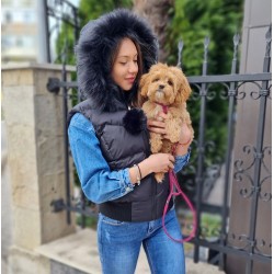 Детски елек с качулка City Angels, за момиче, Черен с черен пух, 6907 Детски елек с качулка City Angels, за момиче, Черен с черен пух, 6907